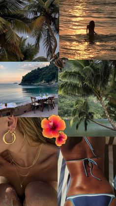 the collage shows different images of people in bikinis and palm trees at sunset