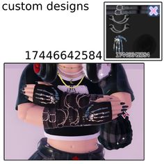 an image of a woman with gloves on her chest and the words custom designs below it