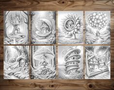 six different drawings on wood, each with an image of a house in the middle