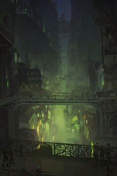 a futuristic city at night with people walking around