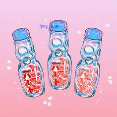 three glass jars with writing in them on a pink and blue background that says love