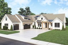 this is an artist's rendering of a house in the country style with two garages