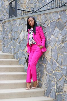 Spring Fever | Prissysavvy Pink Work Pants, Mustard Outfits, Instagram Popular, Blue And White Shirt, Frill Tops, Pant Suits, Stripe Outfits