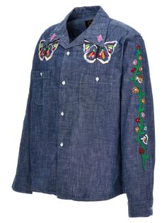 Chambray shirt with multicolor embroidery, front pockets, button closure, long cuffed sleeves. Composition: 100% cotton Americana Aesthetic, Multicolor Embroidery, Embroidery Shirt, Japanese Textiles, Italian Outfits, Shirt Embroidery, Chambray Shirt, Engineered Garments, Embroidered Design