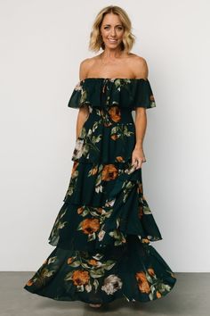 The Carina Maxi dress is ideal for weddings and special events. In a deep topaz green with beautiful florals, its lightweight chiffon fabric and versatile elastic neckline ensure effortless elegance, while the smocked waist and tiered skirt offer a flattering silhouette. Neutral Florals, Cocktail Jumpsuit, Formal Dress Code, Destination Dress, Baltic Born, Off Shoulder Maxi Dress, Summer Weddings, Velvet Fashion, Lined Skirt