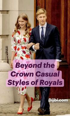 a man in a suit and tie walking next to a woman wearing red shoes with the words beyond the crown casual styles of royals