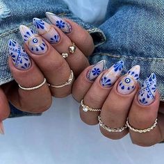 24PCS Almond Shape Press on Nails Fake Nails with Designs Wearable Full Cover Sweet Cool False Nails for Women and Girls Summer DIY Manicure Nail Art Decorations Evil Eye Nails, Blue Nails, False Nails, Limited Stock, Nail Stickers