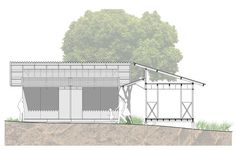 an architectural drawing of a house on the side of a hill with trees in the background