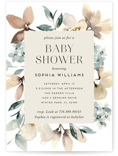 a baby shower is shown with flowers and leaves on the front, along with a white background