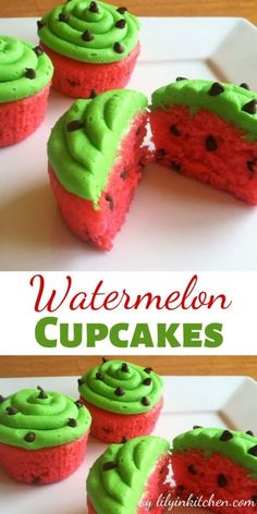 watermelon cupcakes with green frosting and chocolate chips on top, sitting on a white plate