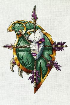 a cross stitch design with an arrow and bird on it's head, surrounded by leaves