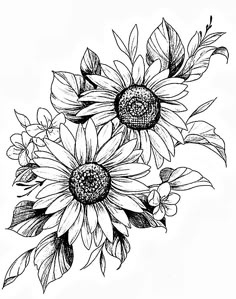 black and white drawing of sunflowers with leaves