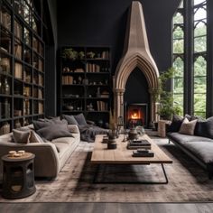 a living room filled with furniture and a fire place in the middle of it's walls