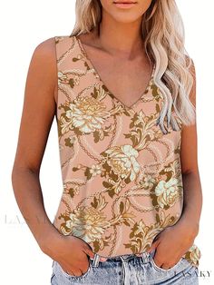 Lasaky - Chain & Floral Print Tank Top: A Fashionable V-neck Sleeveless Tank Top for Womens Summer Wardrobe Beige V-neck Tank Top For Summer, Chic Floral Print V-neck Tank Top, Spring Floral Print V-neck Vest, V-neck Floral Print Tank Top For Beach, Pink Floral Print V-neck Tank Top, Chic V-neck Floral Print Tank Top, Spring V-neck Beige Tank Top, Beige V-neck Tank Top For Spring, Floral Print V-neck Tank Top For Beach