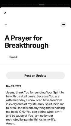 a phone screen with the message prayer for breakthrouh on it and an image of