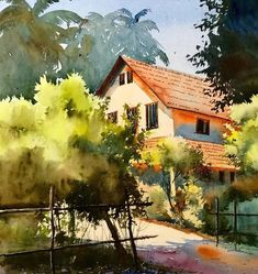 a watercolor painting of a house in the woods