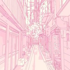 a drawing of a narrow city street in pink