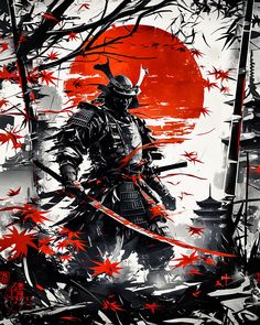 a samurai standing in front of a red sun surrounded by bamboo trees and foliages