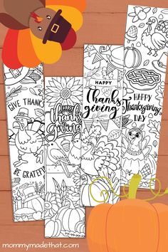 three thanksgiving coloring pages with pumpkins, turkey and pilgrim hat on the top one