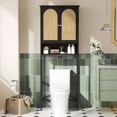 a white toilet sitting in a bathroom next to a green tiled wall and counter top