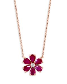 Bloomingdale's Fine Collection Ruby & Diamond Flower Necklace in 14K Rose Gold, 18 Elegant Rose Gold Ruby Necklace, Elegant Pink Ruby Necklace, Pink Ruby Necklace Fine Jewelry, Ruby Flower Necklace, Diamond Flower Necklace, Pink Ruby Flower-shaped Jewelry, Diamond Guide, Flower Pendant Necklace, Diamond Flower