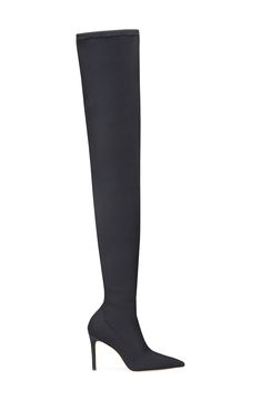 A towering stretch-satin upper adds trendsetting appeal to an over-the-knee boot framed by a pointy toe and stiletto heel. 4 1/4" heel (size 8) 29" shaft; 16" calf circumference (size 8) Textile upper/lining, leather sole Made in Spain Formal Fitted Knee-high Boots, Fitted Knee-high Heeled Boots For Evening, Elegant Fitted Thigh High Boots, Fitted Tall Knee-high Boots For Formal Occasions, Fitted Tall Boots For Formal Occasions, Formal Fitted Tall Knee-high Boots, Luxury Fitted High Heel Knee-high Boots, Luxury Fitted Knee-high Boots With High Heel, Sleek Fitted Knee-high Boots