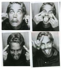 four different pictures of a man making faces with his hands and fingers in front of him