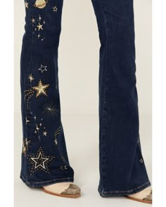 Space Jeans, High Rise Denim Blue Bottoms With Star Print, Fall Star Print Denim Jeans, Star Bell Bottom Jeans, Wide Leg Denim Flare Jeans With Floral Embroidery, Star Print Flare Jeans, Galaxy Pants, Women's Shooting, Star Jeans