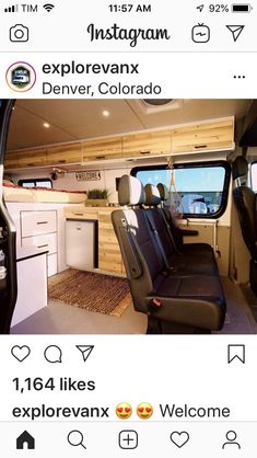 an instagram page showing the interior of a van with black leather seats and wood paneling