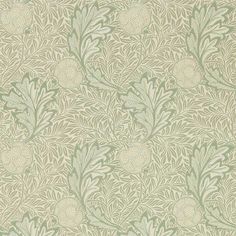 a green and white floral wallpaper with leaves on the side, in an ornate pattern