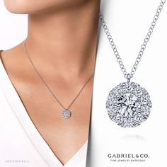 14K White Gold Fashion Necklace NK6375W45JJ #GabrielNY #DiamondJewelry #FineJewelry #GabrielAndCo #UniqueJewelry #FineJewelry#FashionJewelry#UniqueJewelry#GiftIdeas#UniqueGifts #DiamondJewelry #Jewelry #Necklaces #DiamondNecklace #GoldNecklace Luxury Round Cut Necklace With Halo Design, Luxury Round Diamond Necklace With Halo Design, Luxury Halo Round Cut Necklaces, Diamond Necklace With Halo Design And Round Pendant, Luxury Halo Round Cut Necklace, White Gold Circular Halo Necklace, White Round Halo Diamond Necklace, Diamond White Halo Diamond Necklace With Round Pendant, White Diamond Necklace With Halo Round Pendant