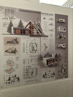 a large poster on the side of a wall with drawings and diagrams attached to it