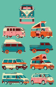 an assortment of vans and campers are shown in different colors on a blue background