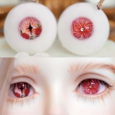 two pictures of the same doll's eyes and one with fake fruit on them