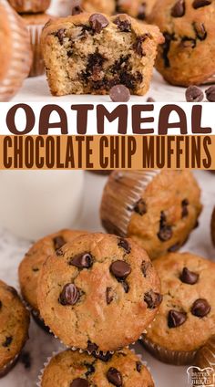 chocolate chip muffins stacked on top of each other with text overlay reading oatmeal chocolate chip muffins