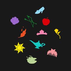 the silhouettes of various objects are shown in different colors on a black background,