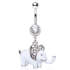 an elephant belly ring with clear crystal stones on the bottom and a silver ball in the middle