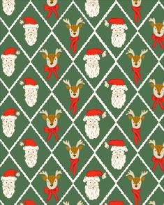 a christmas pattern with deers and santa hats on green fabric, which has white squares in the background