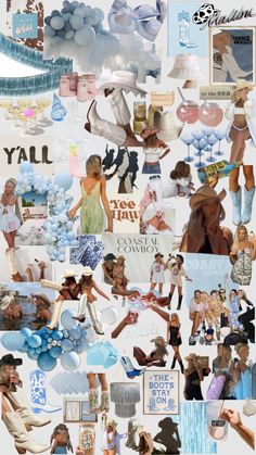 a collage of photos with different people and balloons in the background, including one woman's legs