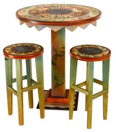 Bar Height Table –  "Follow Your Heart" bar height table with home and tree of life motif Painted Stools, Sticks Furniture, Artistic Furniture, Object Art, Bar Height Table, Bar Height Stools, Painted Chairs, Funky Furniture, Contemporary Crafts