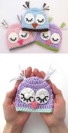 crocheted owl hats with eyes and ears are shown in three different colors, one is