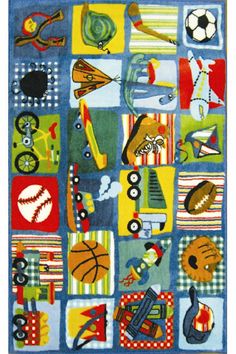 a child's rug with different types of sports related items and colors on it