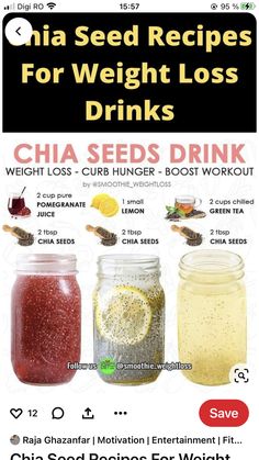 Chia Seed Drinks, Smoothies Vegan, Seed Recipes, Chia Seed Recipes, Makanan Diet, Healthy Drinks Recipes, Diet Vegetarian, Fat Burner Drinks, Water Recipes