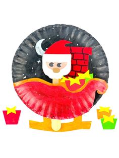 a paper plate with a santa clause on it and stars around the edges, in front of a white background