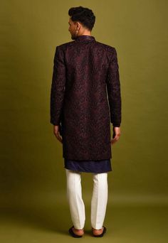 Editor's Note Wine Open Achkan Jacket In Silk Base With Thread And Cutdana Work. It Is Paired With A Contrasting Navy Blue Kurta And Pyjama Pants. Color: Wine Fabric: Silk Care: Dry Clean Only About the Designer Inspired By The Minimalism, Utilitarianism And Functionality, Chatenya Mittal Is A Label Focused Entirely On Menswear. Chatenya Mittal Is Revisiting The Classic Silhouette Bringing New Energy And Working To Create Future Classics By Subtly Combining Fabric Blocking, Layering, Attention T Navy Blue Kurta, Ivory Pants, Cutdana Work, Silk Kurta Set, Pyjama Pants, Kurta Set For Men, Kurta Pyjama, Open Jacket, Silk Kurta