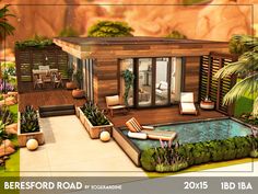 a rendering of a small house with a pool in the middle and landscaping around it