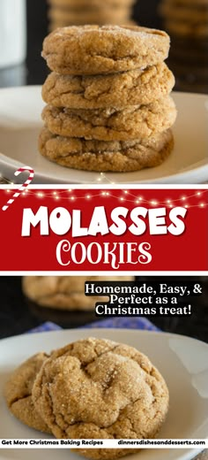 the front and back cover of molassses cookies on a white plate with christmas lights in the background