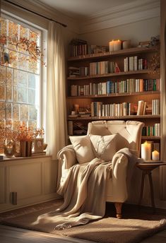 a living room filled with furniture and bookshelves next to a window covered in blankets