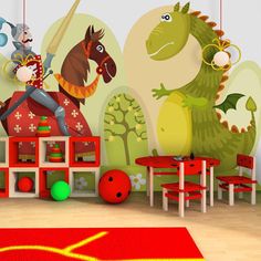 a child's playroom with toys and decor