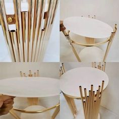 four different views of a gold and white coffee table with brass rods on the legs